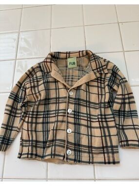 Fub 100% Wool Beige Plaid Button-Up Boys Sweater/shirt
